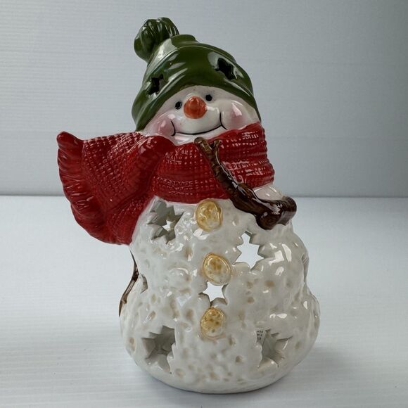 Hallmark Snowman Tealight Candle Holder Ceramic Red Scarf Green Hat Christmas - Picture 10 of 11
